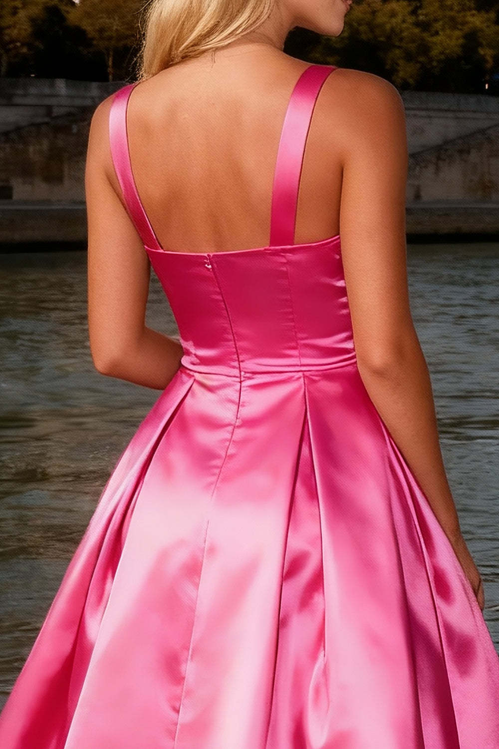 Sparkly Bright Pink A Line Thick Straps Long Prom Dress