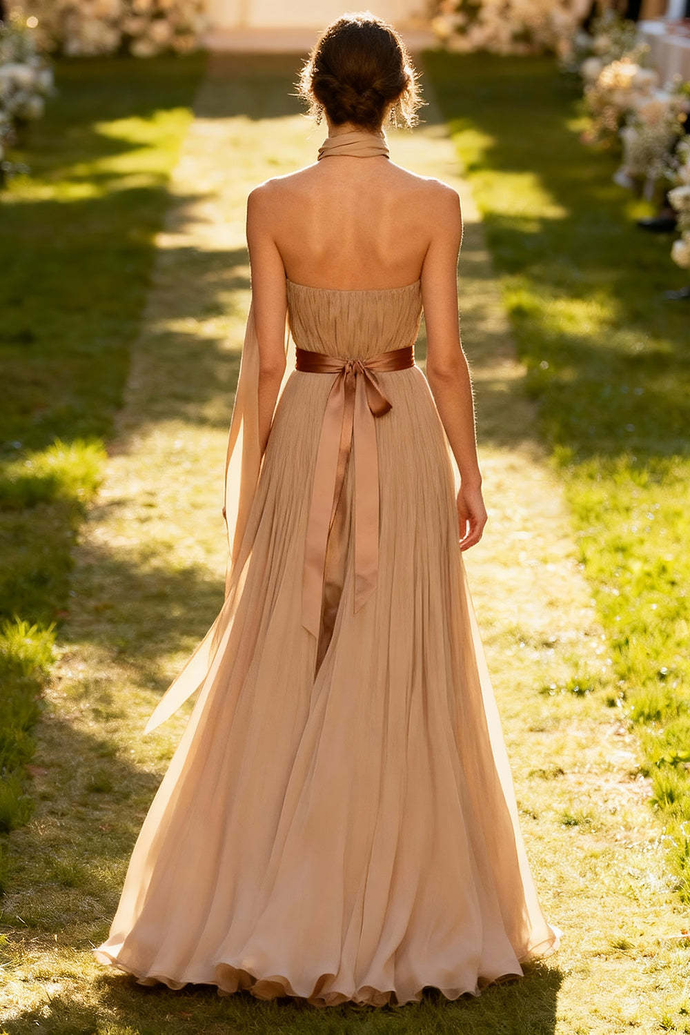 Khaki Chiffon Pleated Neck Scarf Backless Long Wedding Guest Dress