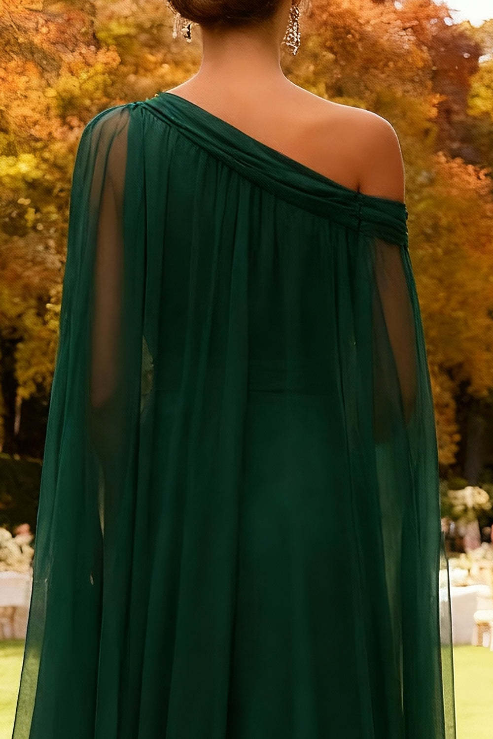 Dark Green Long One Shoulder Chiffon Wedding Guest Dress with Cape