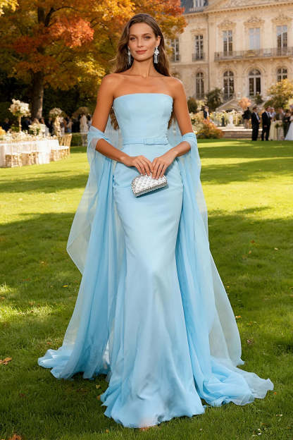 Leely Women Stunning Sky Blue Chiffon Long Wedding Guest Dress with Belt Mermaid Strapless Prom Dress