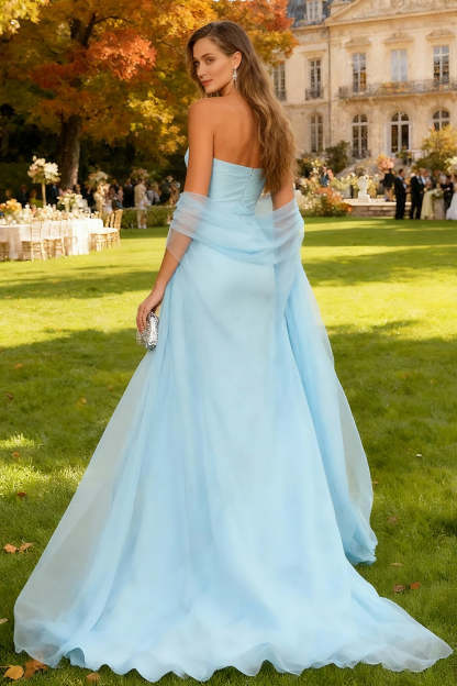 Stunning Sky Blue Mermaid Strapless Chiffon Long Wedding Guest Dress