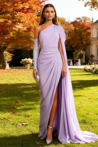 Leely Women Light Purple Mermaid Long Wedding Guest Dress with Side Cape One Shoulder Ruched Formal Dress with Slit