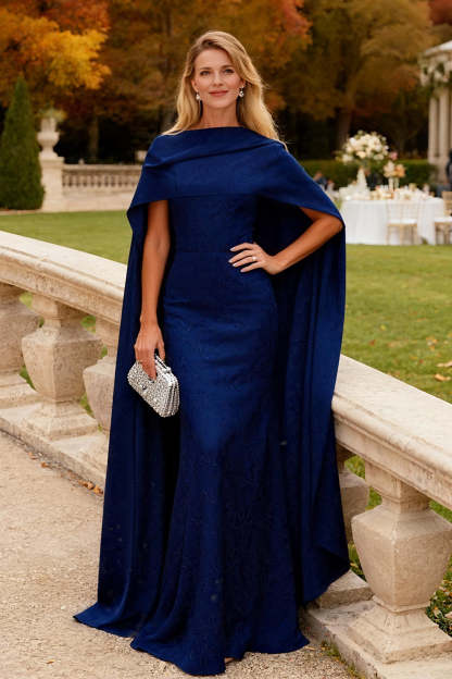 Leely Women Navy Mermaid Long Wedding Guest Dress with Cape Chiffon Formal Dress