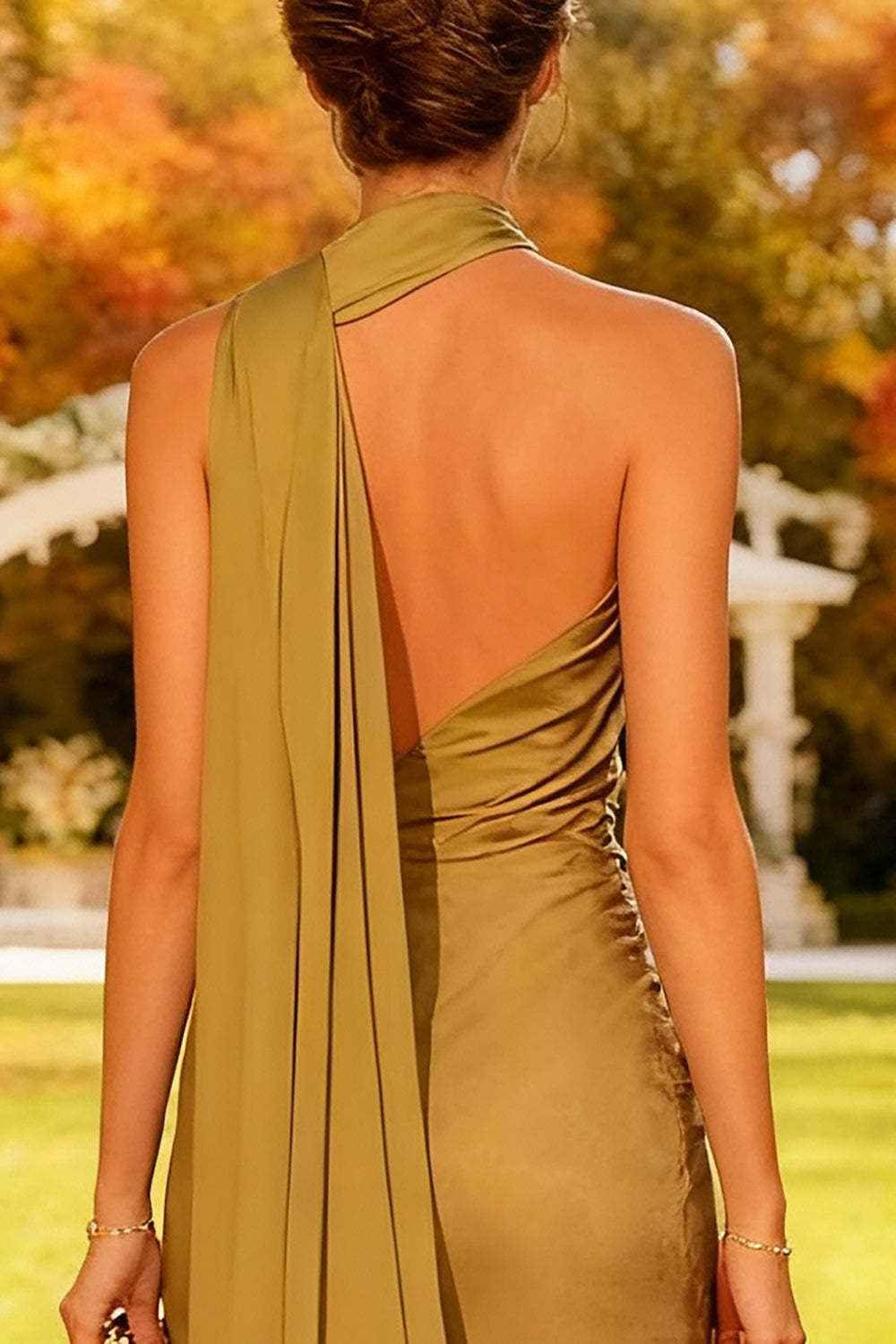 Khaki Mermaid Satin Halter Long Wedding Guest Dress with Streamers