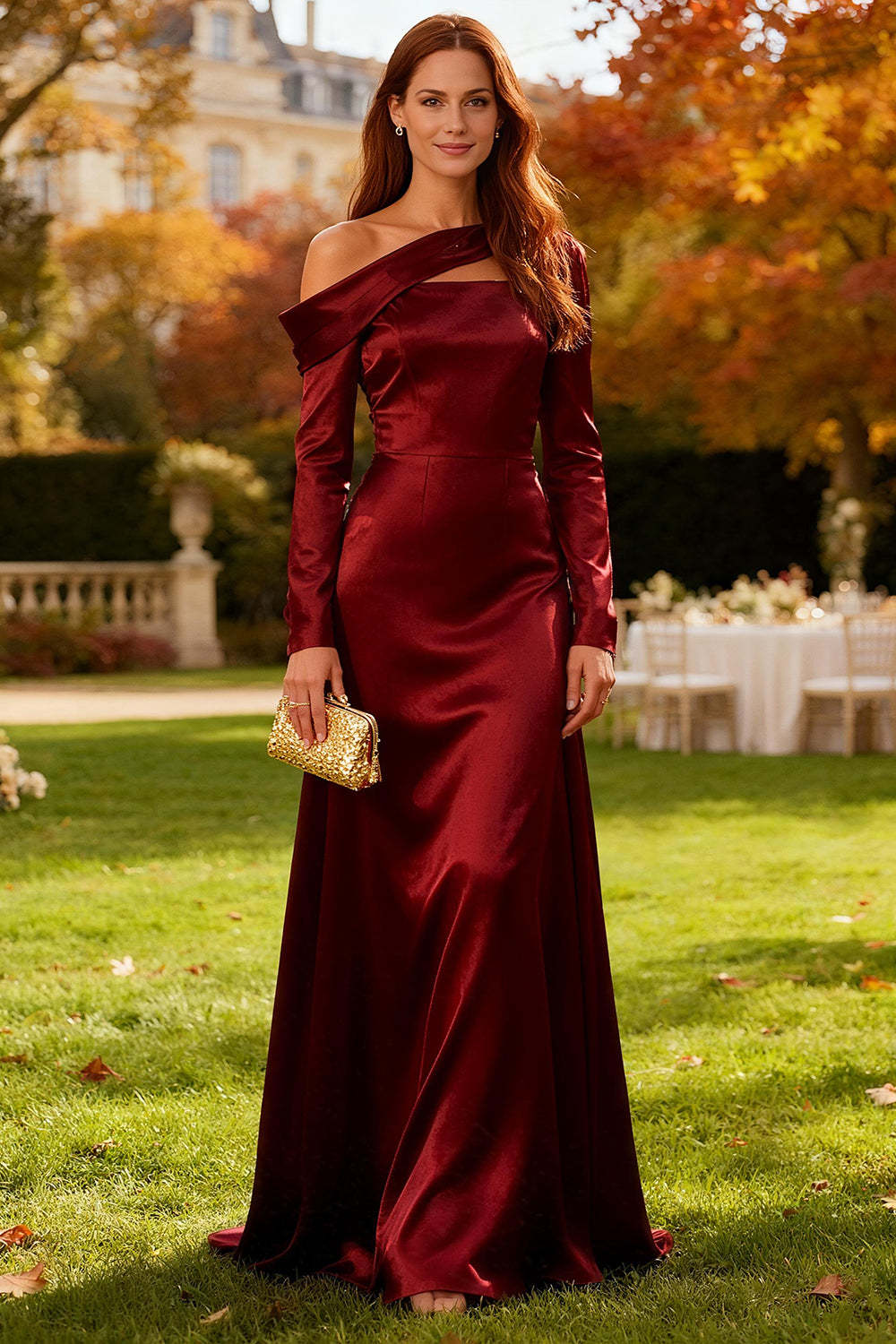 Leely Women Burgundy Satin Long Wedding Guest Dress with Sleeves Mermaid One Shoulder Formal Dress