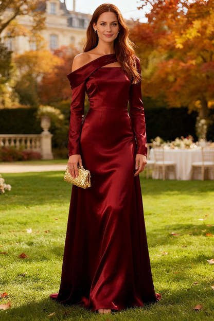 Leely Women Burgundy Satin Long Wedding Guest Dress with Sleeves Mermaid One Shoulder Formal Dress