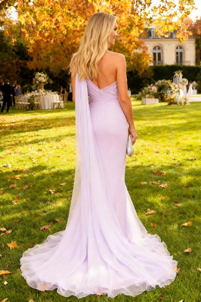 Light Purple One Shoulder Mermaid Long Wedding Guest Dress with Streamers