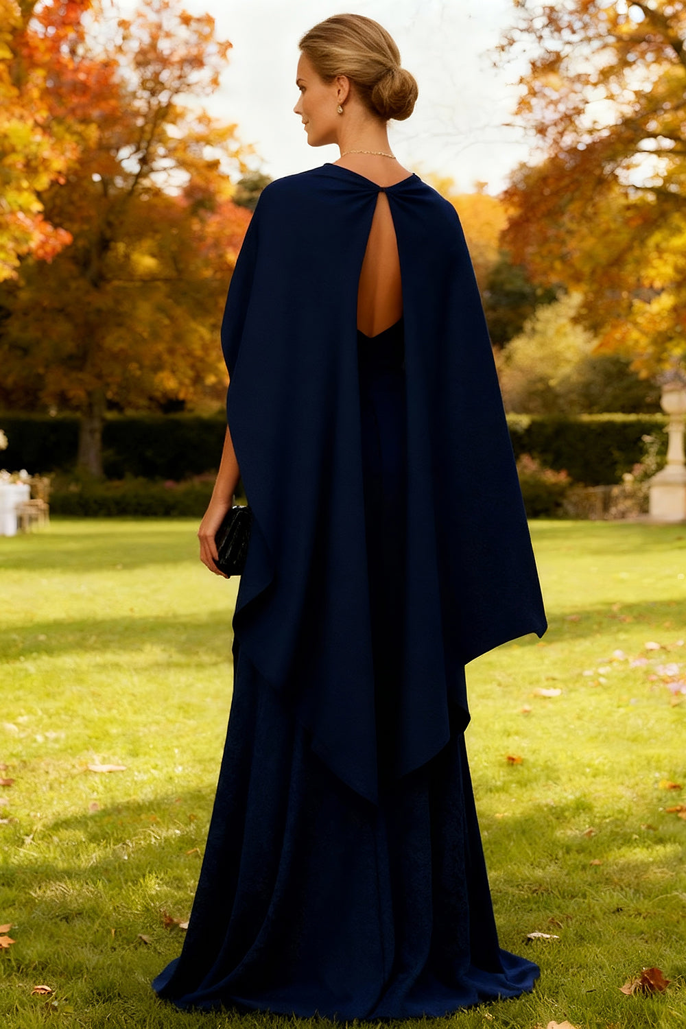 Navy Strapless Long Sheath Wedding Guest Dress with Cape