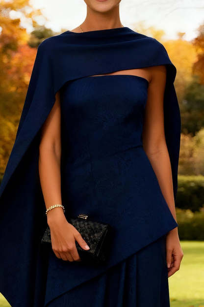 Navy Strapless Long Sheath Wedding Guest Dress with Cape