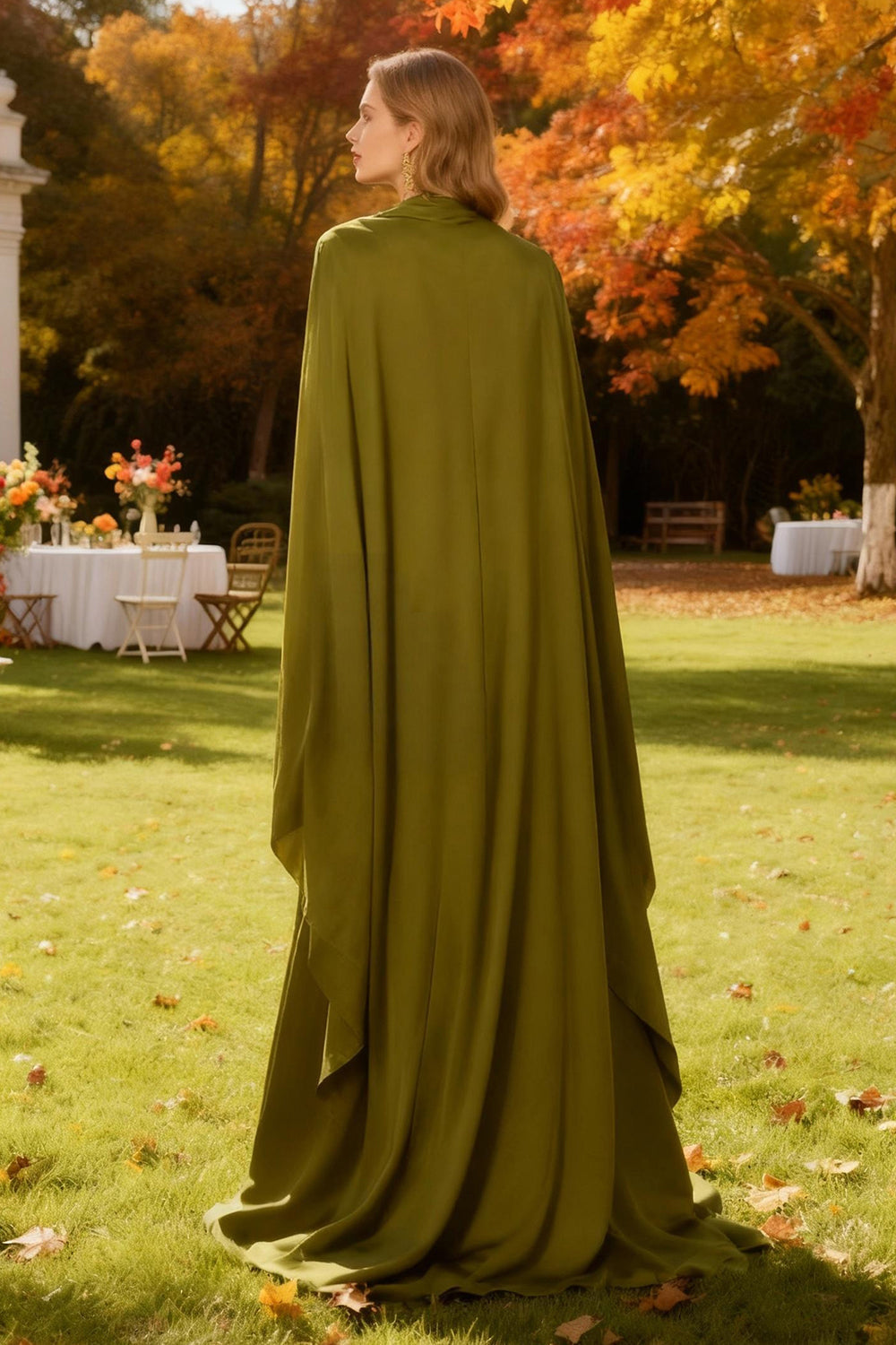 Olive Mermaid High Neck Maxi Wedding Guest Dress with Cape