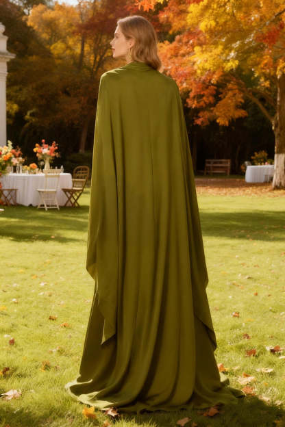 Olive Mermaid High Neck Maxi Wedding Guest Dress with Cape