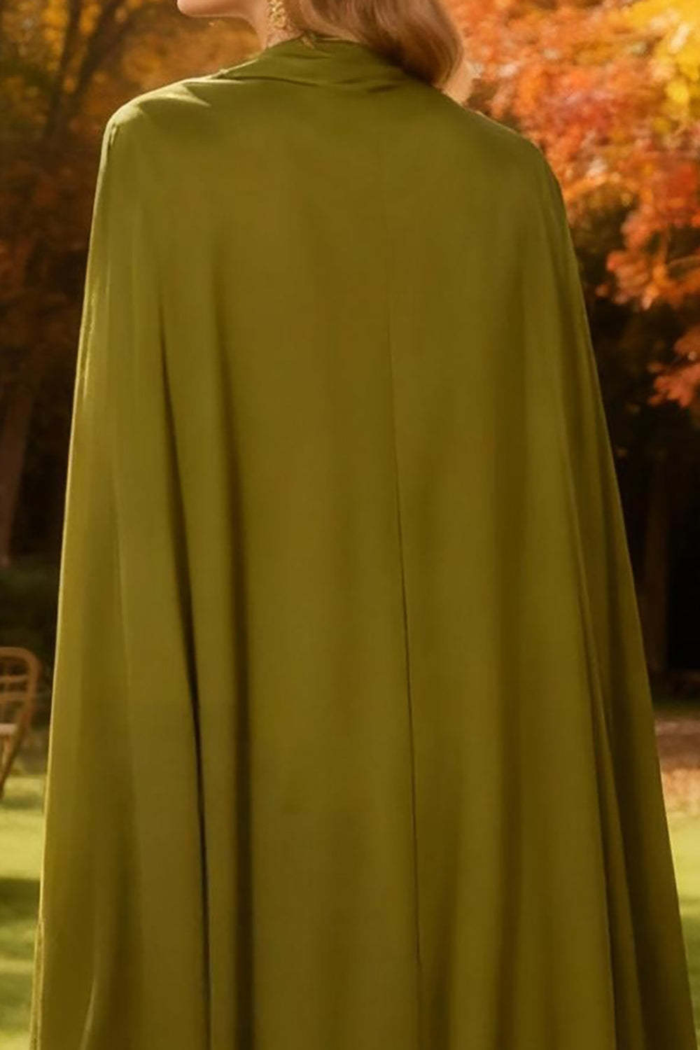 Olive Mermaid High Neck Maxi Wedding Guest Dress with Cape