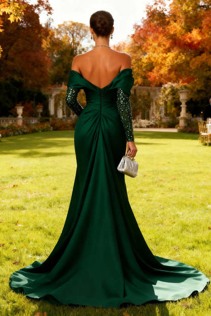 Dark Green Mermaid Off the Shoulder Long Wedding Guest Dress with Cape