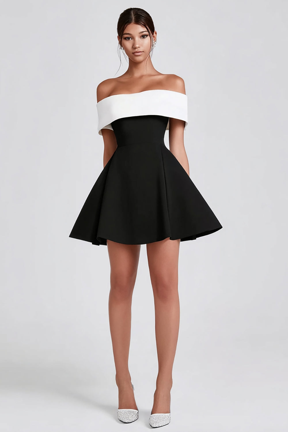 Leely Women Black and White Short Cocktail Dress Off the Shoulder A-Line Little Black Dress