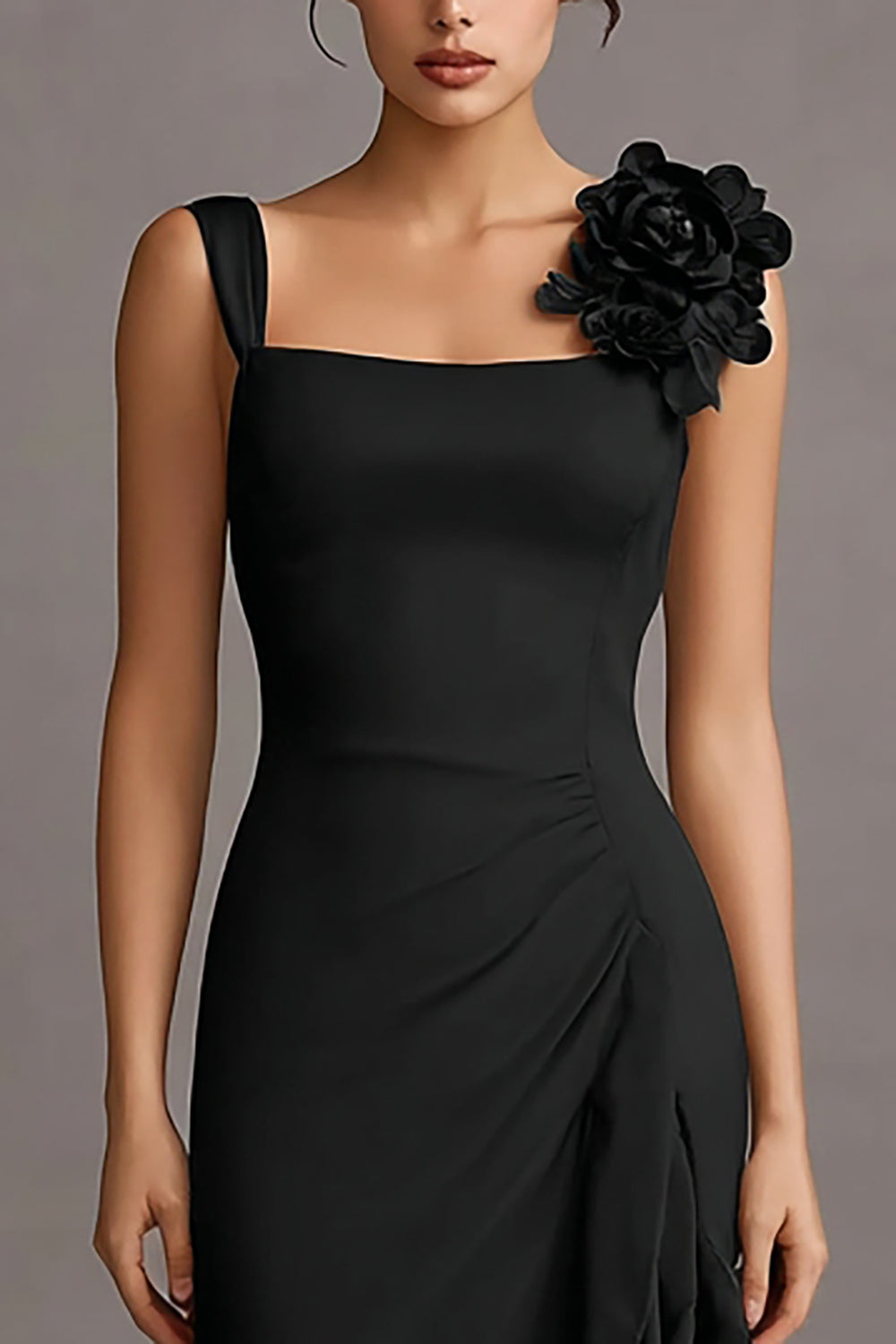 Black Bodycon Ruffled Midi Cocktail Dress with 3D Flower