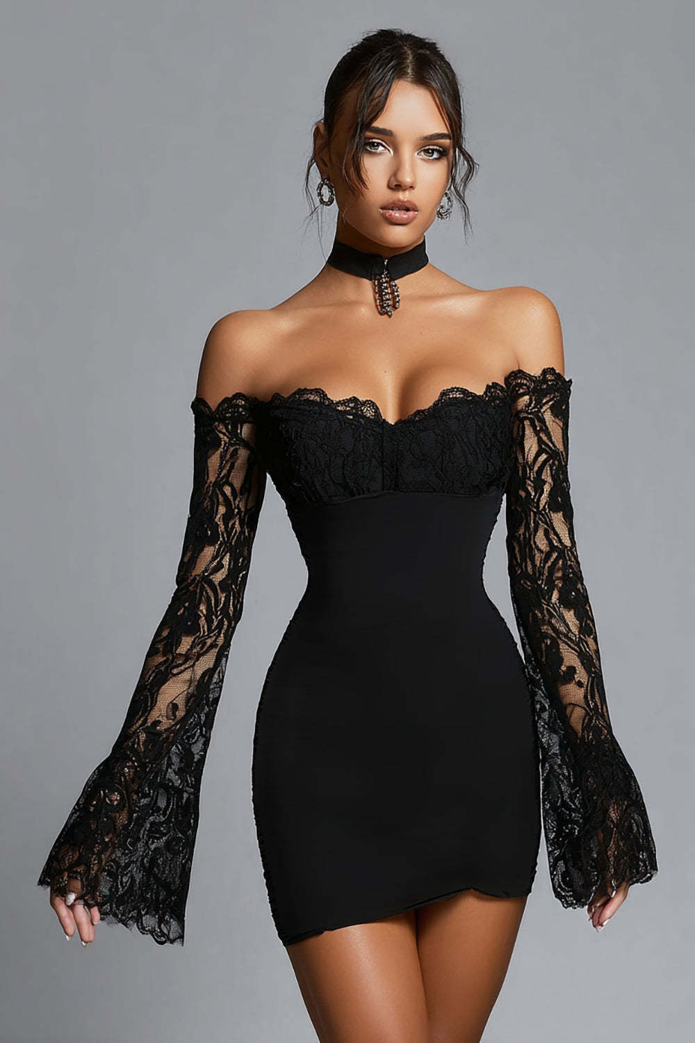 Leely Women Black Bodycon Short Cocktail Dress with Lace Flare Sleeves Off the Shoulder Little Black Dress