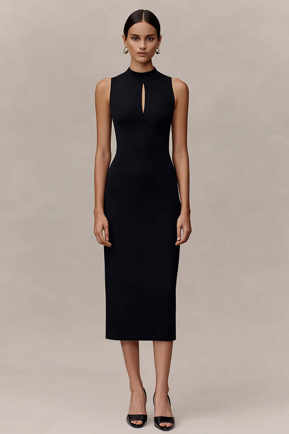 Leely Women Black Midi Cocktail Dress with Bodycon Keyhole High Neck Black Tie Dress