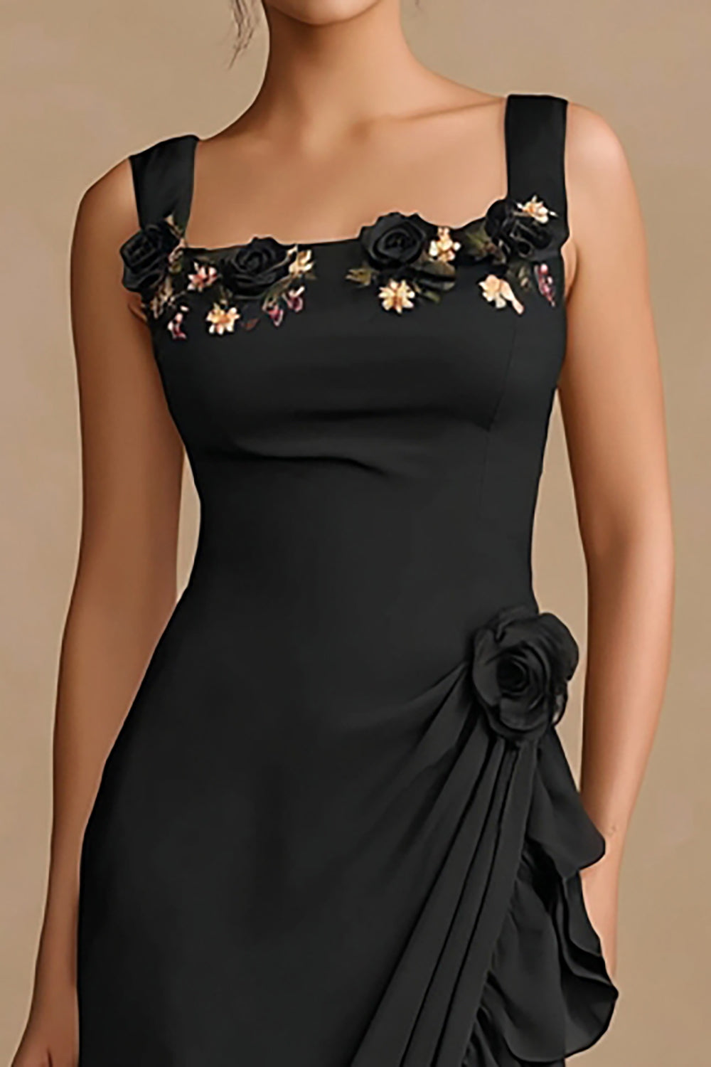 Black Ruffled Bodycon Floral Midi Cocktail Dress with Slit