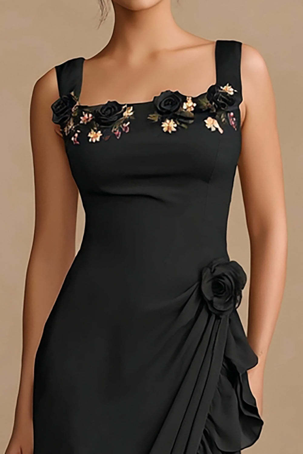 Black Ruffled Bodycon Floral Midi Cocktail Dress with Slit
