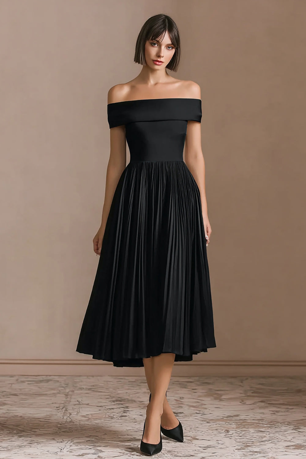 Midi A-Line Pleated Black Tie Dress