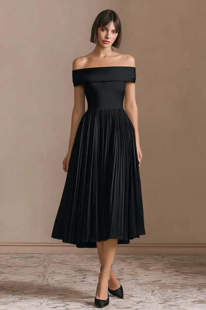 Leely Women Midi Black Tie Dress with Pleats A-Line Off the Shoulder Formal Dress