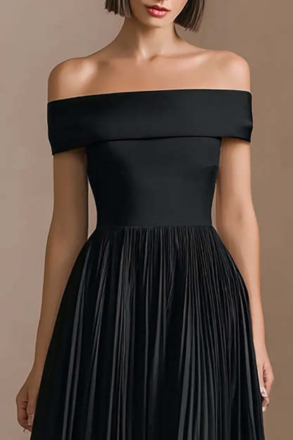 Midi A-Line Pleated Black Tie Dress