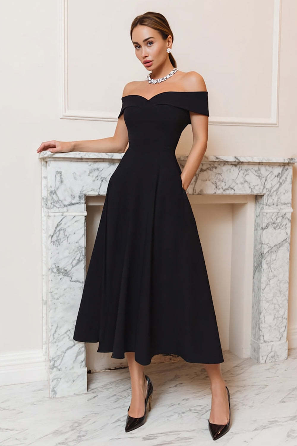 Leely Women Simple Satin Long Black Tie Dress A-Line Off the Shoulder Formal Dress
