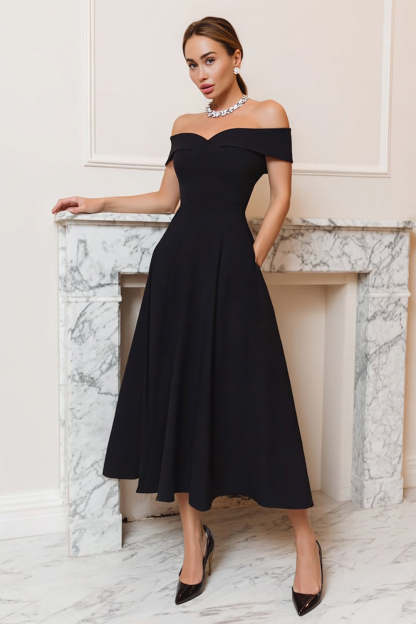 Leely Women Simple Satin Long Black Tie Dress A-Line Off the Shoulder Formal Dress