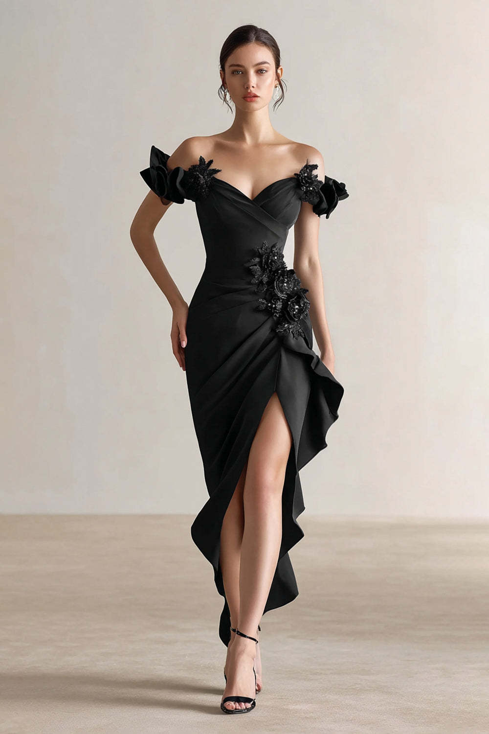 Leely Women Sparkly Black Ruffled Formal Dress with 3D Flowers Sheath Off the Shoulder Black Tie Dress with Slit