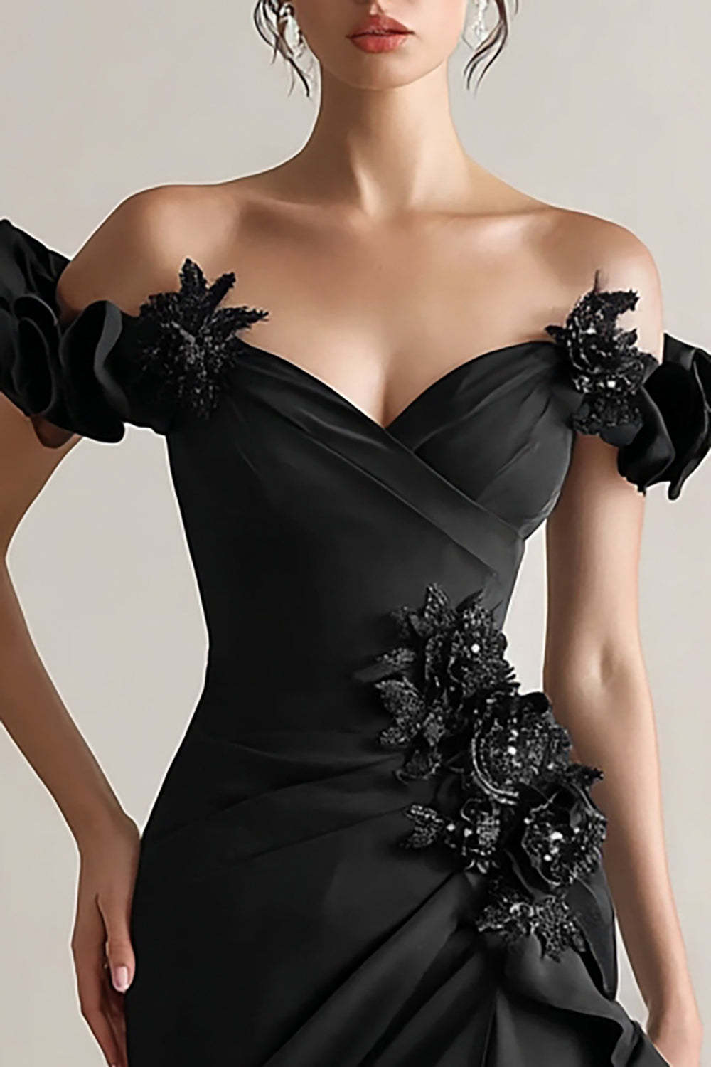 Sparkly Black Sheath Ruffled Evening Dress with 3D Flowers