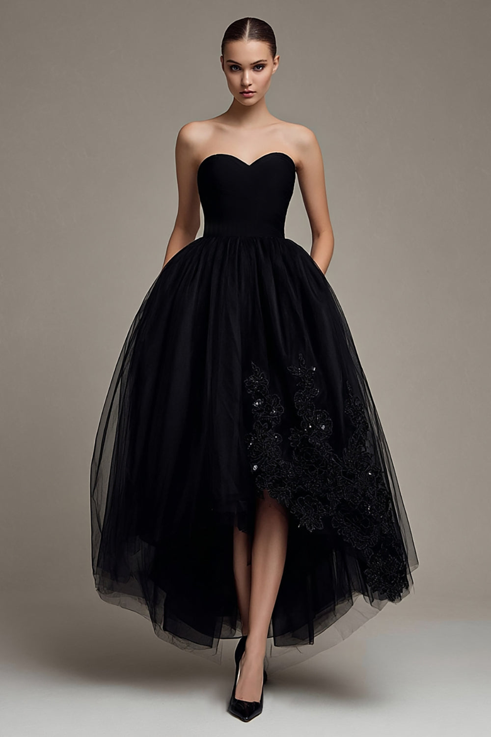 Leely Women Sparkly Black Tulle Princess Formal Dress Strapless Appliqued Black Tie Dress