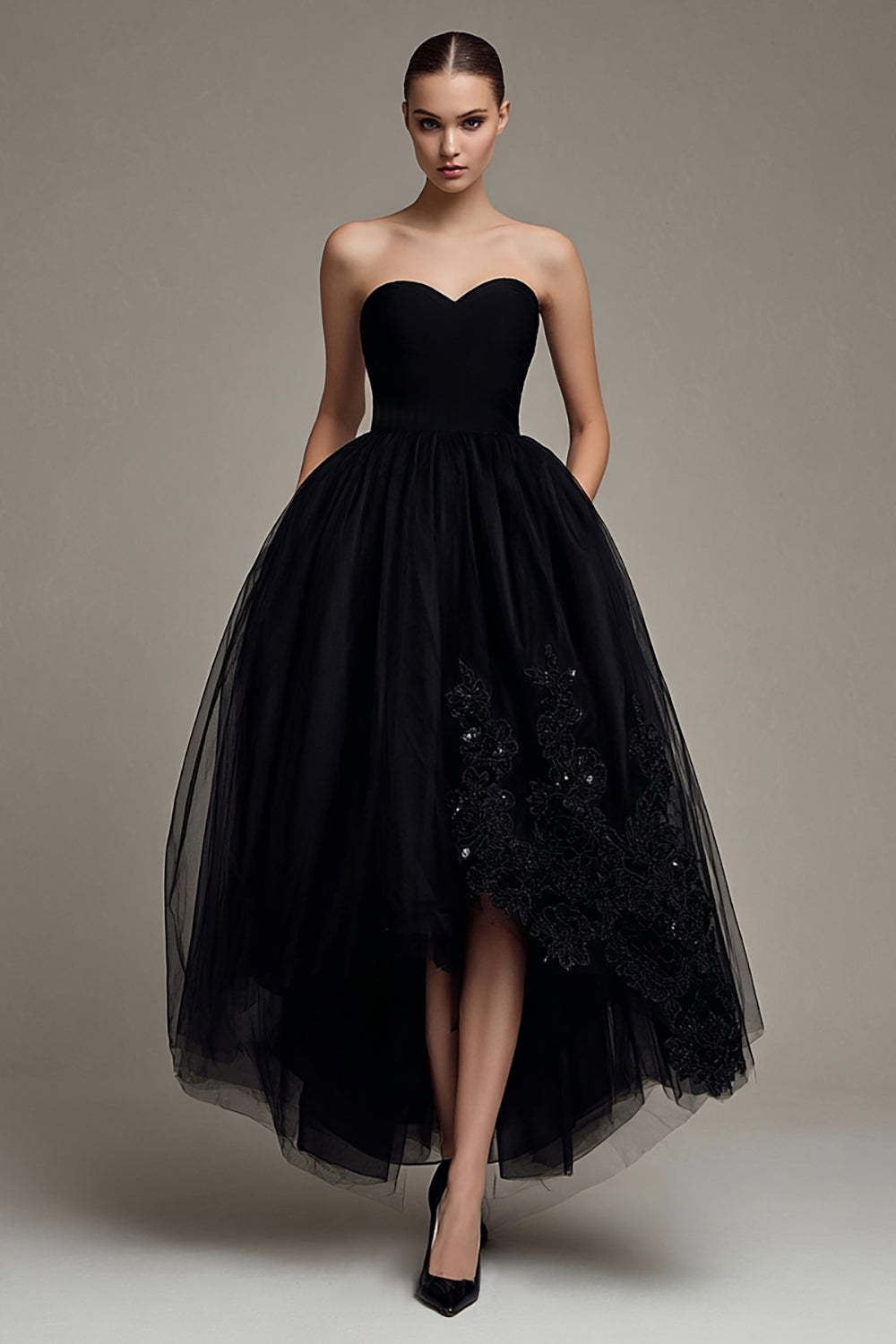 Leely Women Sparkly Black Tulle Princess Formal Dress Strapless Appliqued Black Tie Dress