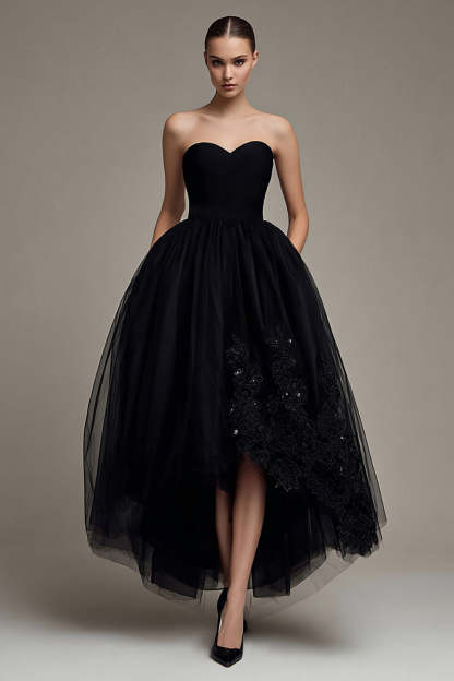 Leely Women Sparkly Black Tulle Princess Formal Dress Strapless Appliqued Black Tie Dress