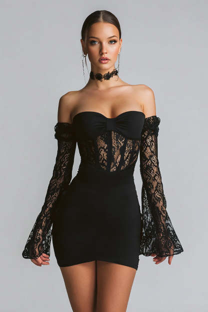 Leely Women Black Bodycon Corset Short Cocktail Dress with Lace Off the Shoulder Flare Sleeves Little Black Dress