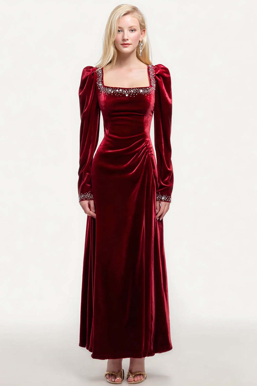 Leely Women Sparkly Burgundy Velvet Long Holiday Party Dress with Beading Square Neck A-Line Formal Dress