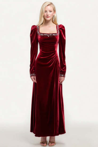 Leely Women Sparkly Burgundy Velvet Long Holiday Party Dress with Beading Square Neck A-Line Formal Dress