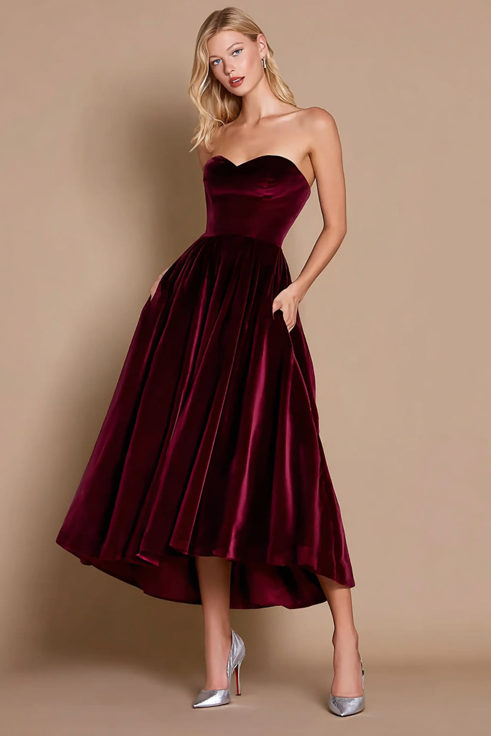 Leely Women Burgundy Midi Velvet Holiday Party Dress A-Line Strapless Formal Dress