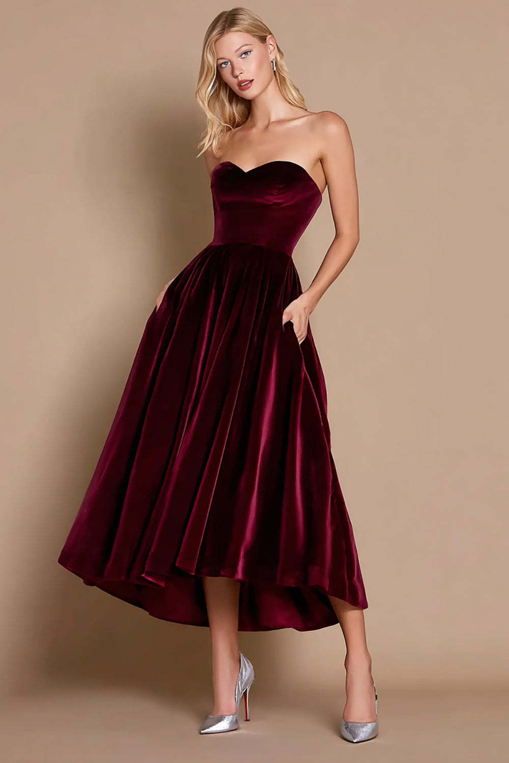 Leely Women Burgundy Midi Velvet Holiday Party Dress A-Line Strapless Formal Dress