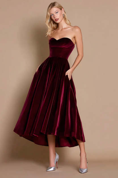 Leely Women Burgundy Midi Velvet Holiday Party Dress A-Line Strapless Formal Dress