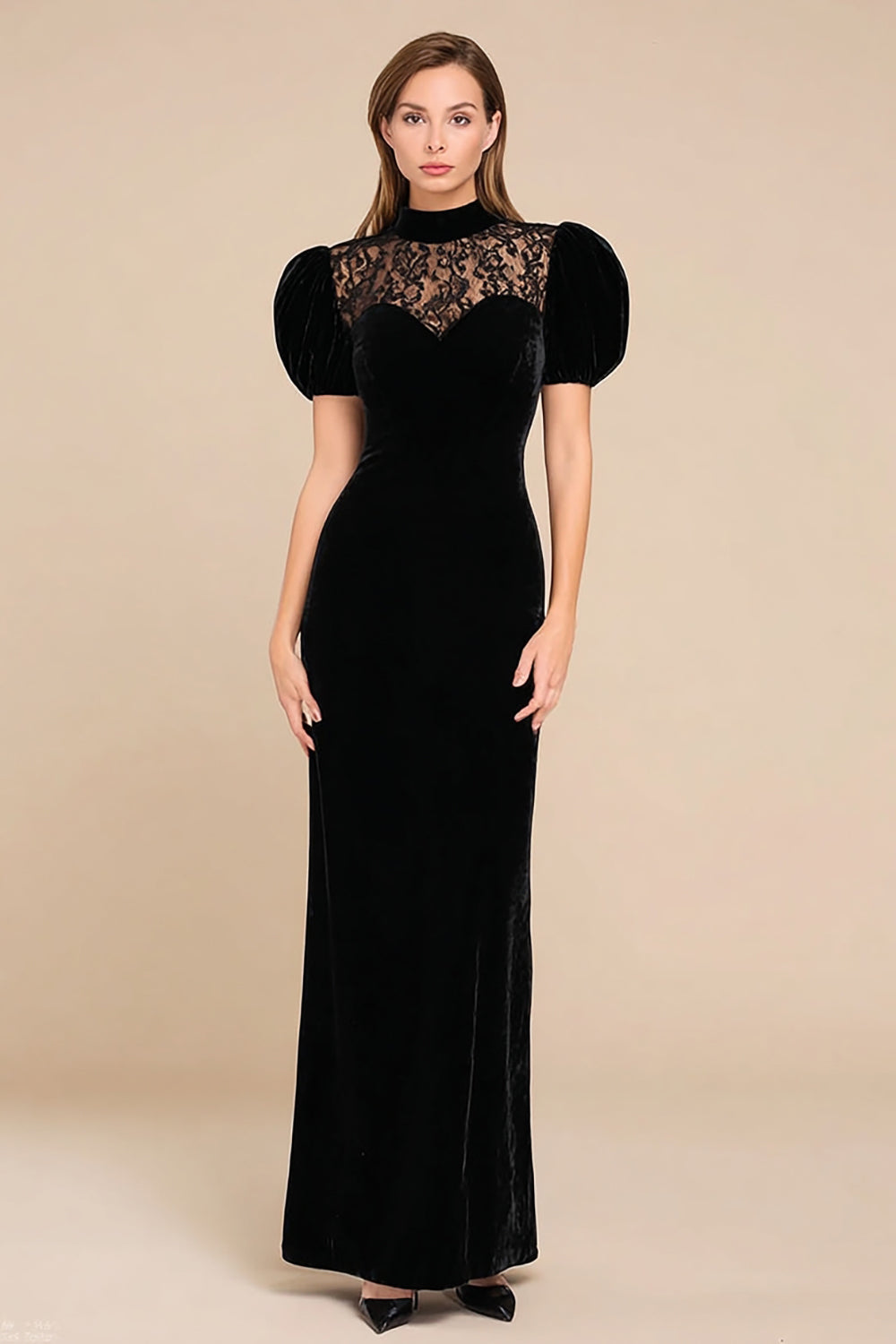 Leely Women Black Velvet Long Mermaid Holiday Party Dress Puff Sleeves High  Neck Formal Dress