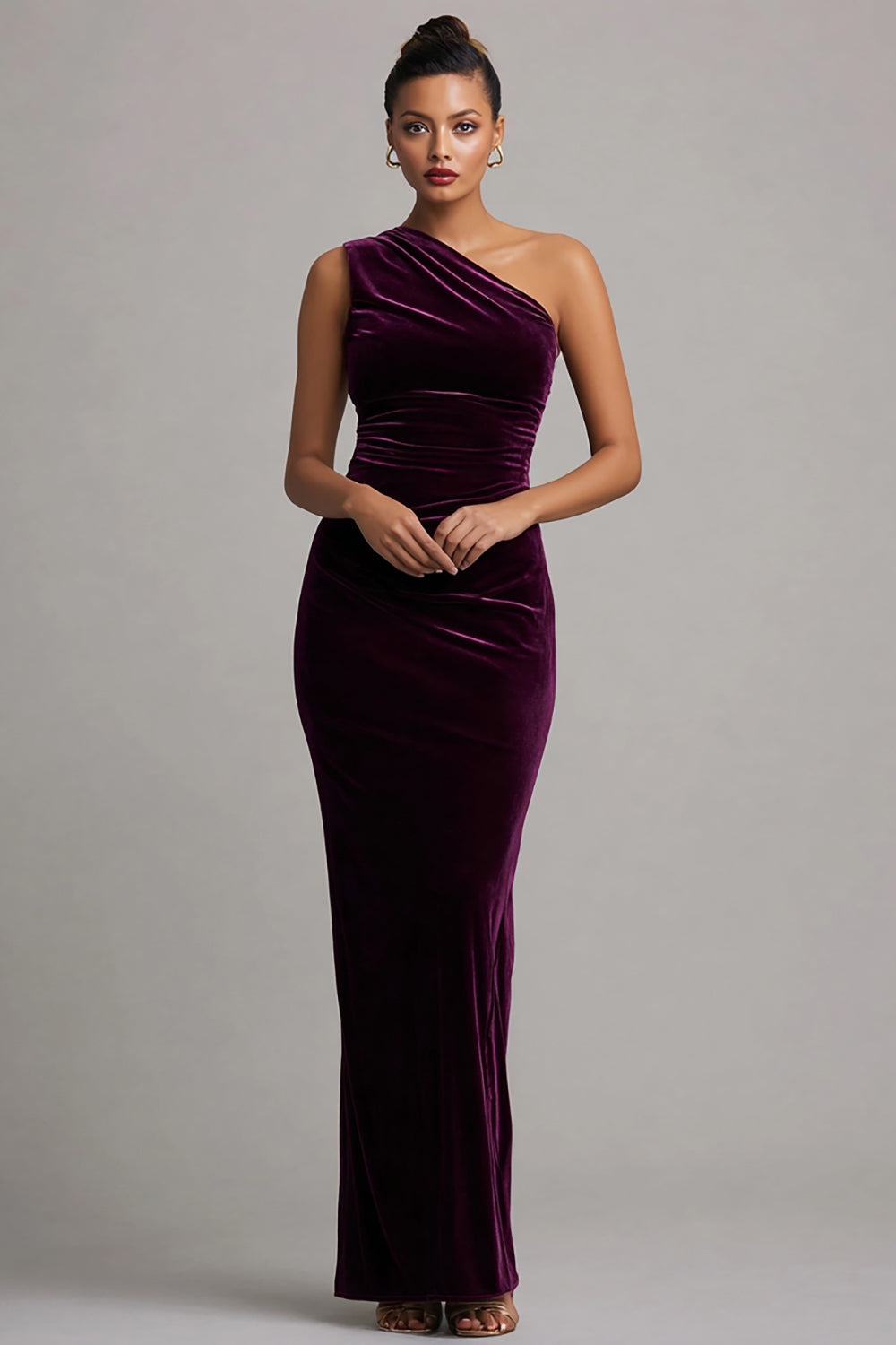 Leely Women Plum Mermaid Velvet Long Holiday Party Dress Ruched One Shoulder Evening Dress