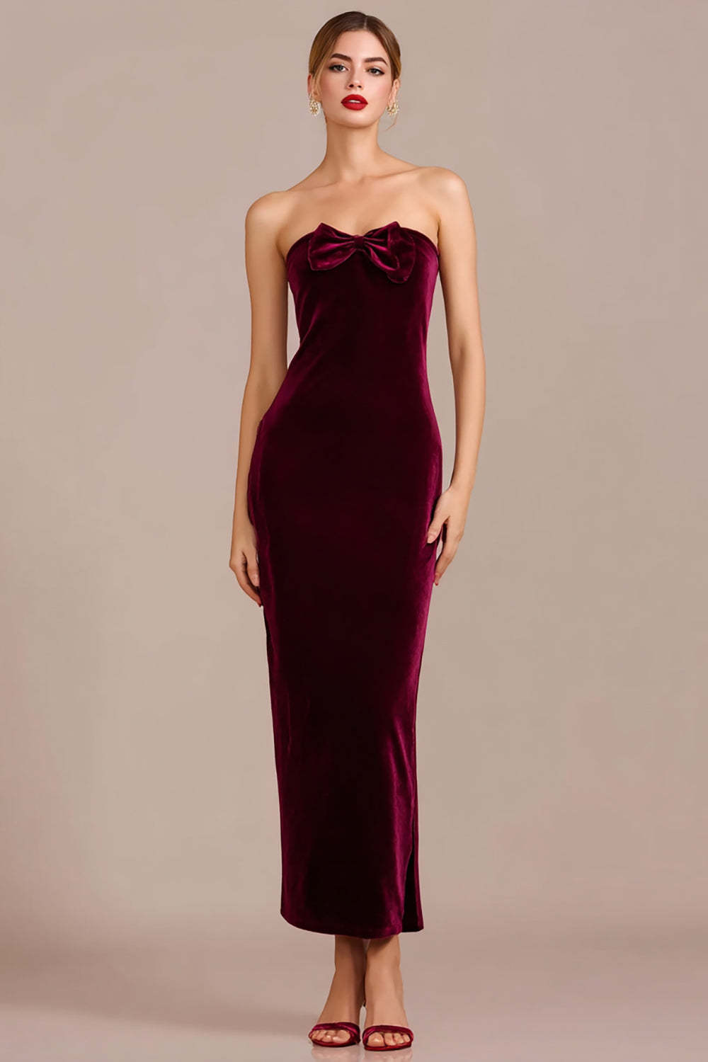 Leely Women Burgundy Velvet Long Holiday Party Dress with Bow Strapless Mermaid Evening Dress with Slit