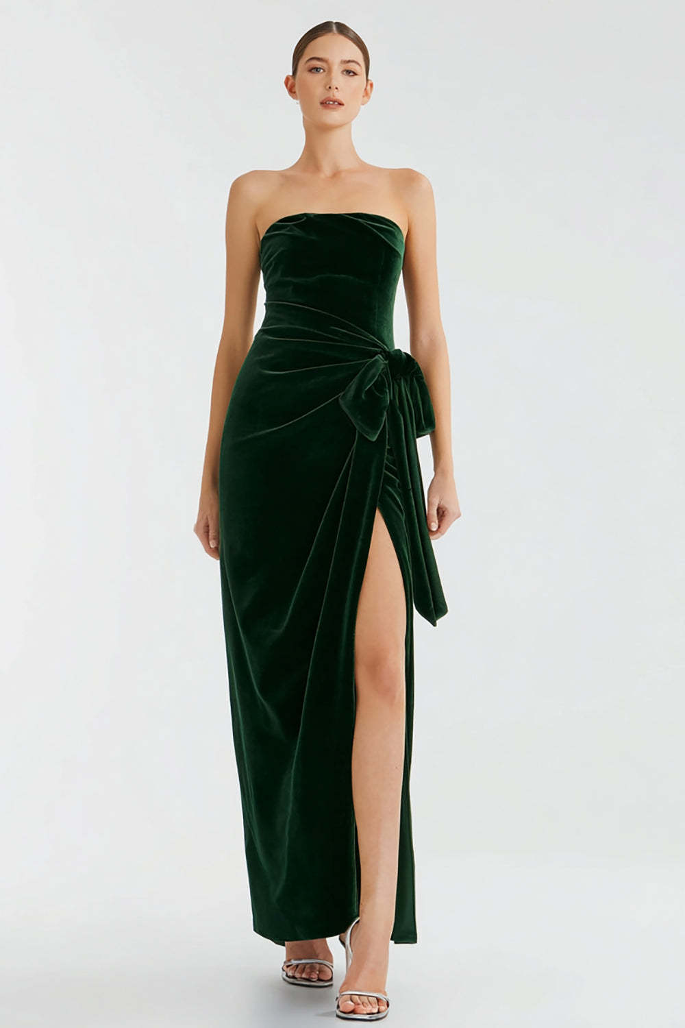 Leely Women Pine Velvet Long Holiday Party Dress with Slit Strapless Sheath Evening Dress with Bow
