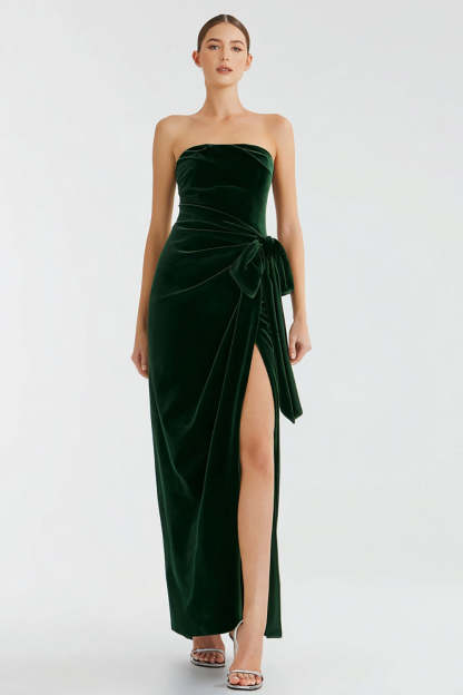 Leely Women Pine Velvet Long Holiday Party Dress with Slit Strapless Sheath Evening Dress with Bow