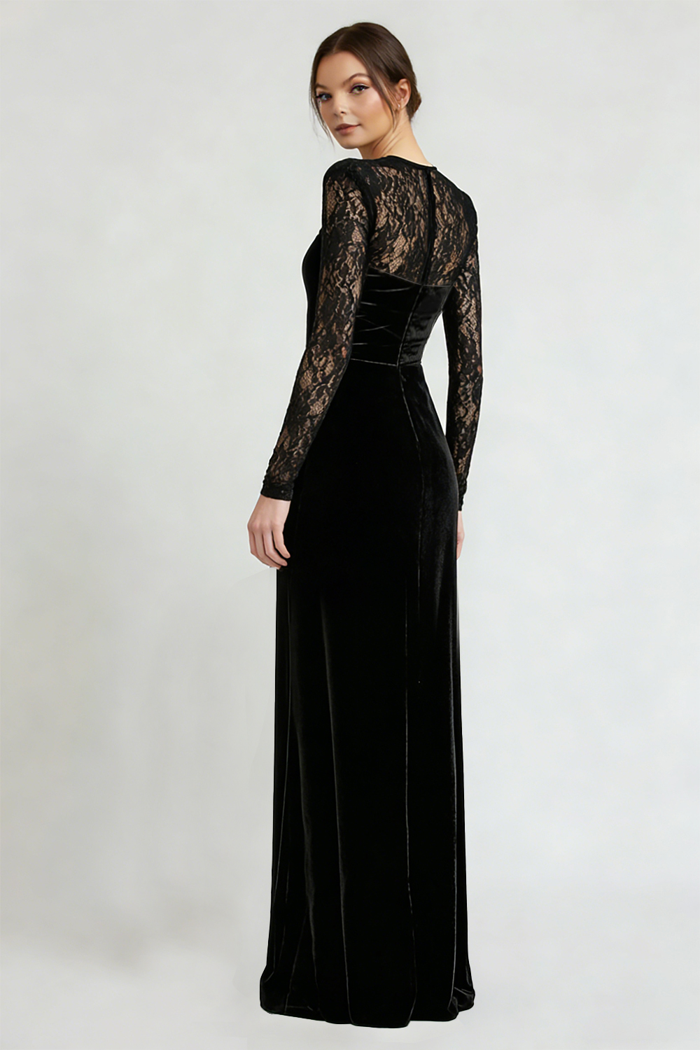 Black Velvet Long Sheath Holiday Party Dress with Lace