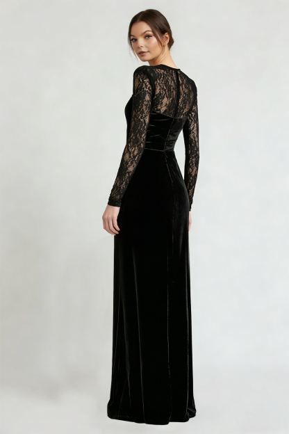 Black Velvet Long Sheath Holiday Party Dress with Lace