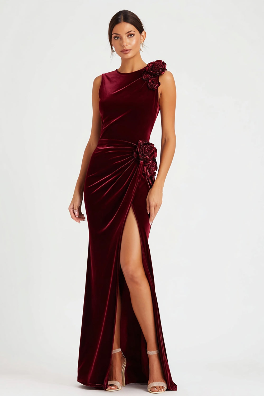 Burgundy Sheath Velvet Long Holiday Party Dress with 3D Flowers