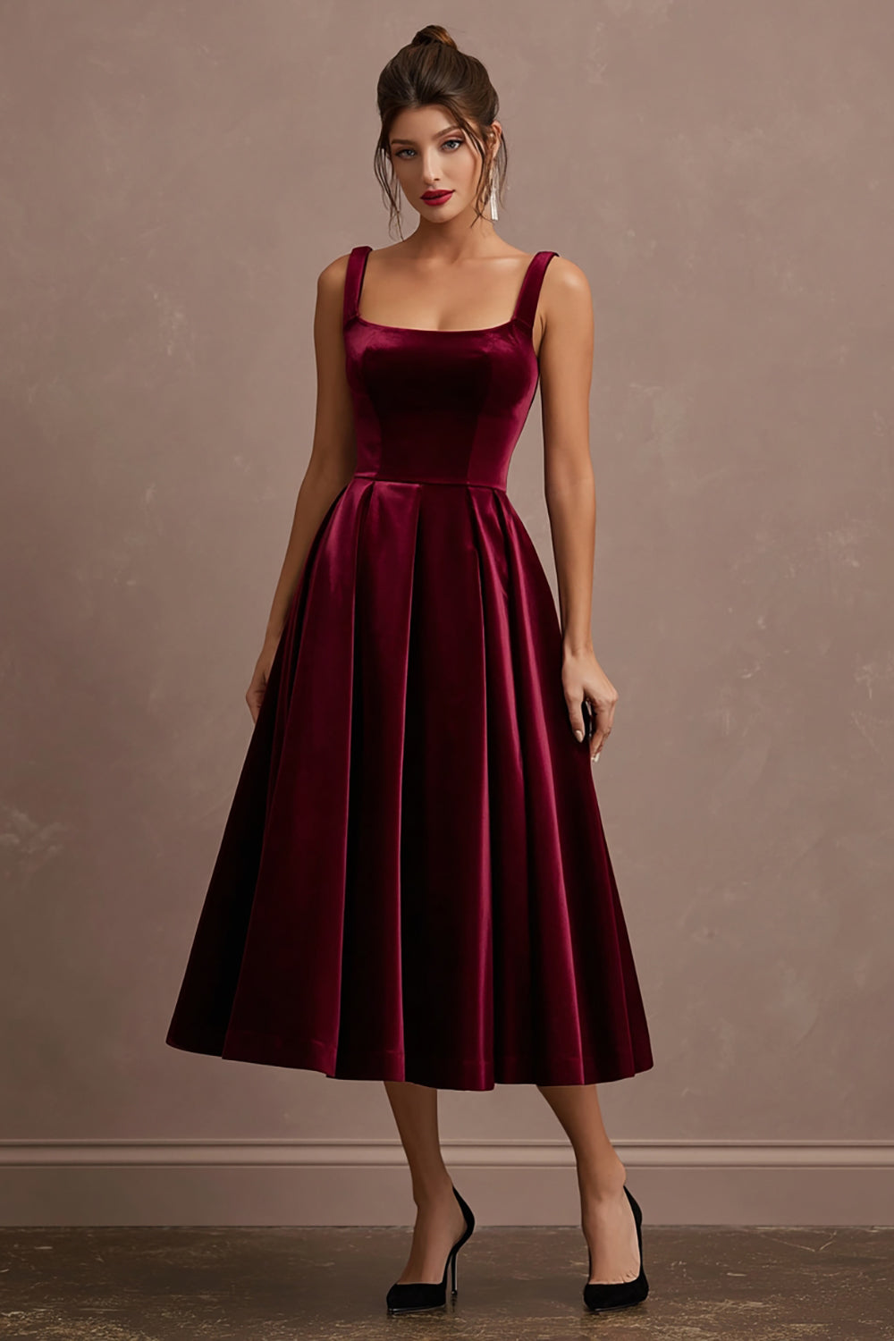 Leely Women Burgundy Midi Velvet Holiday Party Dress A-Line Square Neck Evening Dress