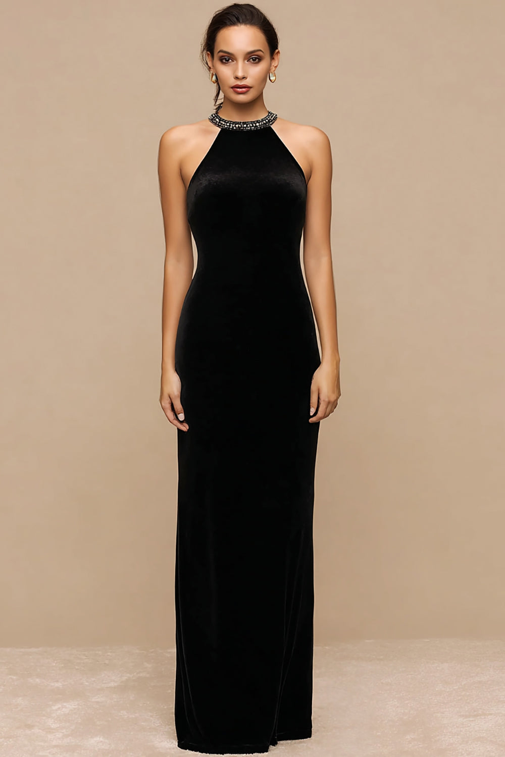 Sparkly Black Velvet Maxi Holiday Party Dress with Beading