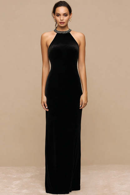 Leely Women Sparkly Black Velvet Maxi Holiday Party Dress with Beading Sheath Halter Neck Black Tie Dress